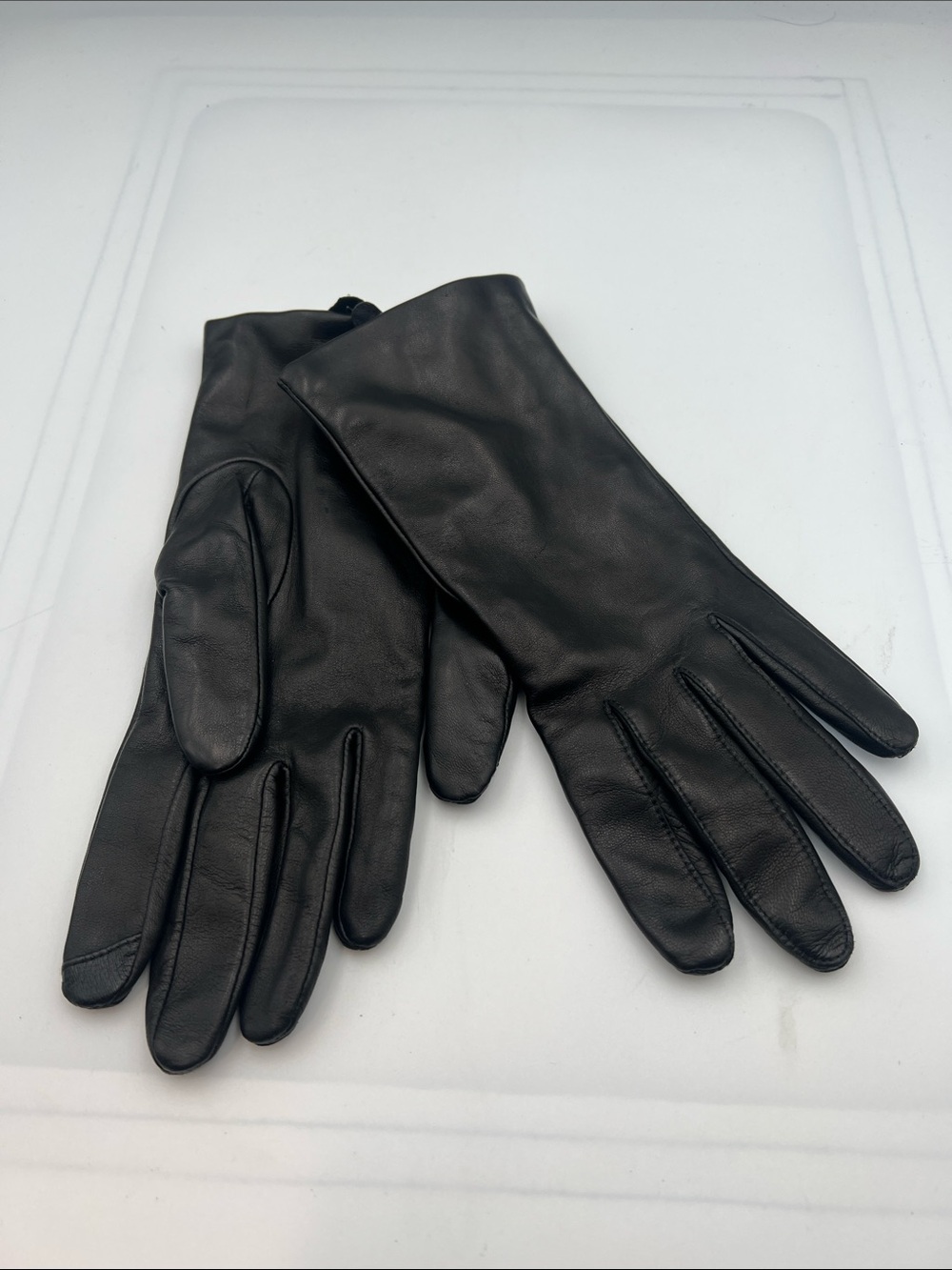 Lands’ End Black Leather Cashmere Lined EZ Touch Gloves Size L NWT
